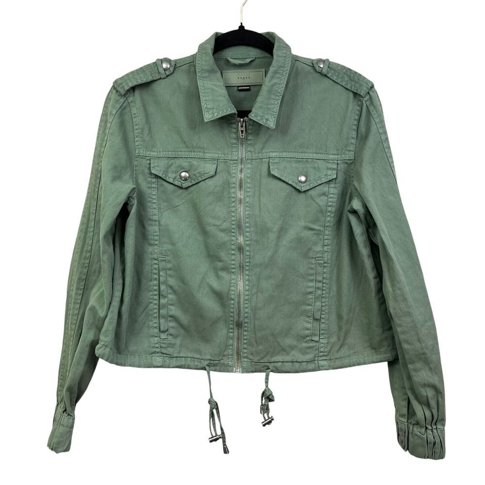 Blank NYC Womens Utility Jacket Collar Full Zip Drawstring Pockets Green Sz M*